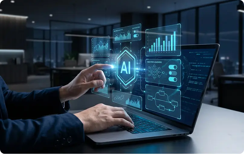 AI-ontwikkeling op een laptop in een moderne kantooromgeving